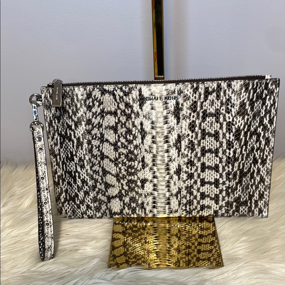 Michael Kors Black and White Snakeskin Wristlet